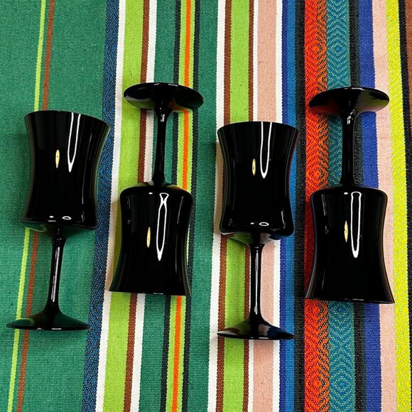 Zbigniew Horbowy Design 4 Black Glass Wine Goblets Vintage MCM Poland 1970s - Picture 8 of 12
